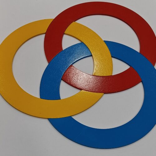 In this puzzle, total 6 pieces are given by cutting three circles. The challenge is to make three circles such that each circle passes through the other two. The another challenge is to place the numbers from 1 to 6 at the intersection points such that the sum of numbers on each circle becomes 14.